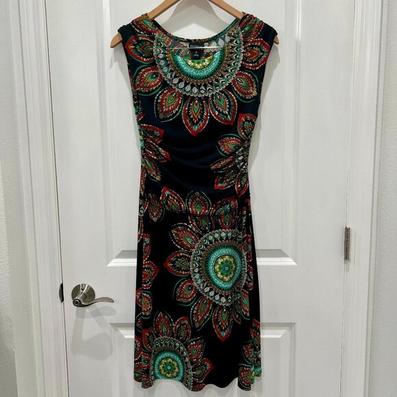 Black Paisley Ruched Dress Multicolor Patterned Below Knee Modest Midi Dress - Picture 1 of 2
